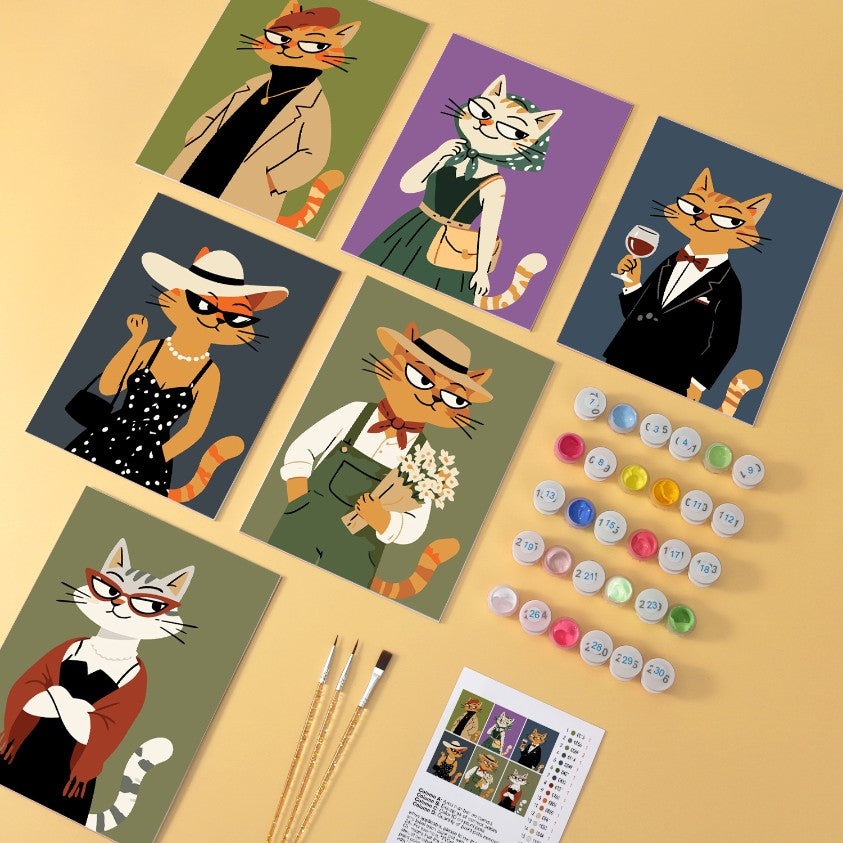 6 Mini-Gemälde auf Holzplatte – Modische Katzen Set