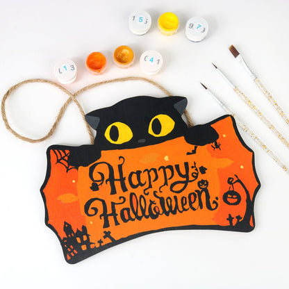 Halloween Katze – Malen nach Zahlen Holzanhänger