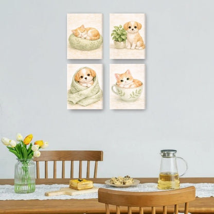 4 Mini-Gemälde | Niedlicher Hund & Katze Set