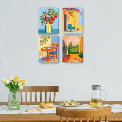 4 Mini-Gemälde | Sonnige Terrasse Set