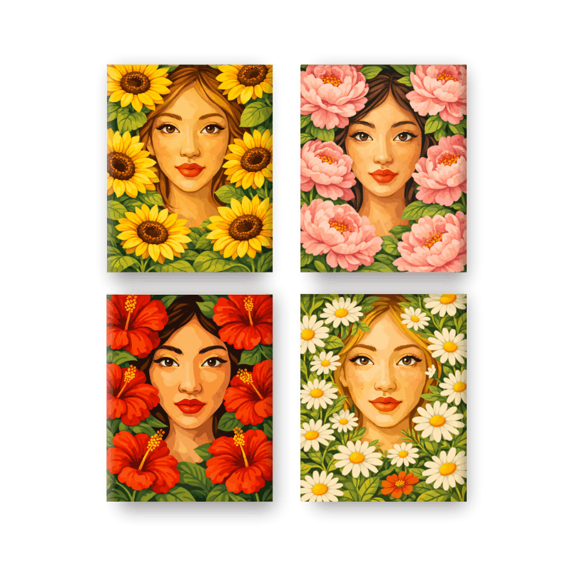 4 Mini Gemälde | Blumenleben Set Malen nach zahlen
