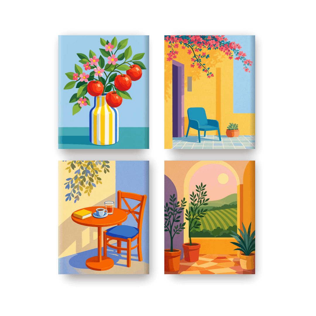 4 Mini-Gemälde | Sonnige Terrasse Set - Malen nach Zahlen