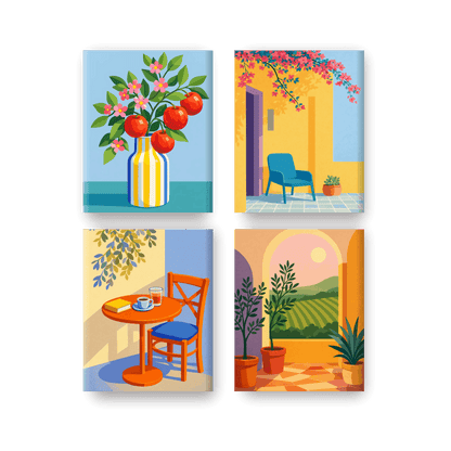 4 Mini-Gemälde | Sonnige Terrasse Set - Malen nach Zahlen
