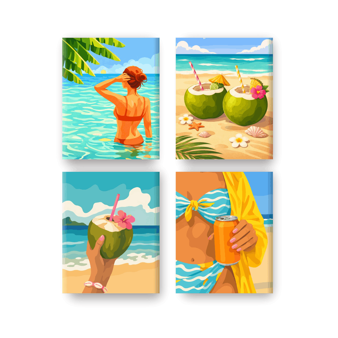 4 Mini-Gemälde | Kokosnüsse & Strand Set - Malen nach Zahlen