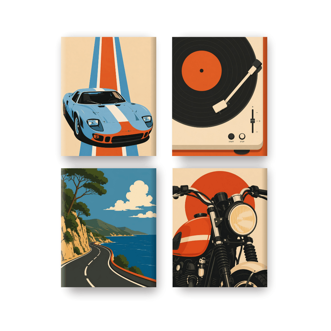 4 Mini-Gemälde | Retro Fahrt Set - Malen nach Zahlen