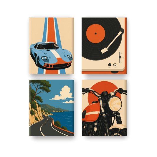 4 Mini-Gemälde | Retro Fahrt Set - Malen nach Zahlen