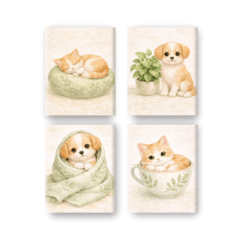 4 Mini-Gemälde | Niedlicher Hund & Katze Set - Malen nach Zahlen