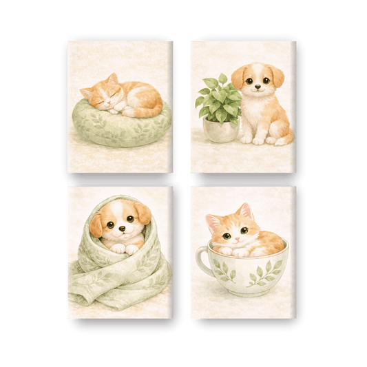 4 Mini-Gemälde | Niedlicher Hund & Katze Set - Malen nach Zahlen