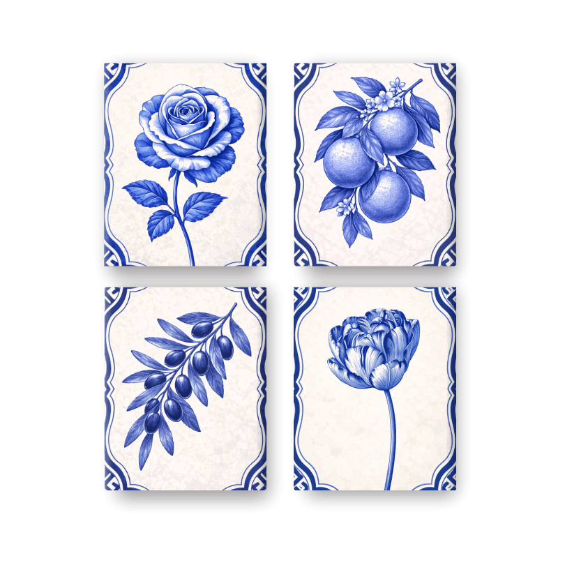 4 Mini-Gemälde | Delft Blaue Pflanzen Set - Malen nach Zahlen