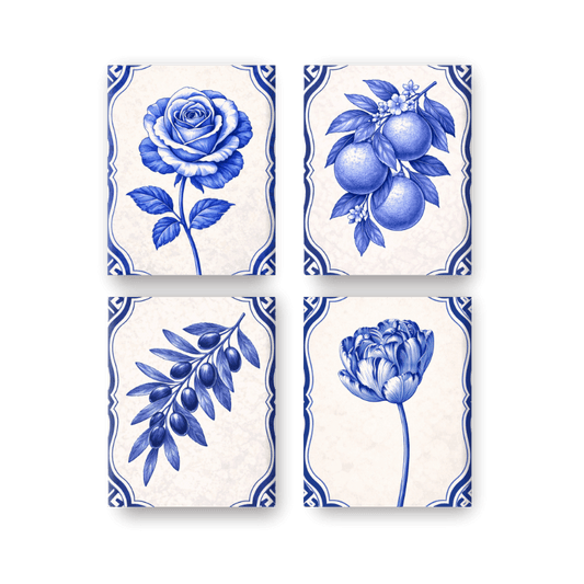 4 Mini-Gemälde | Delft Blaue Pflanzen Set - Malen nach Zahlen