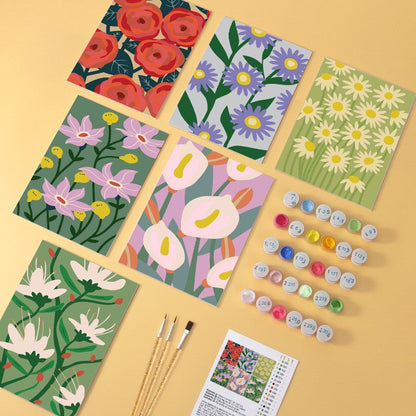 6 Mini-Gemälde auf Holzplatte – Kräftige Blüten Set