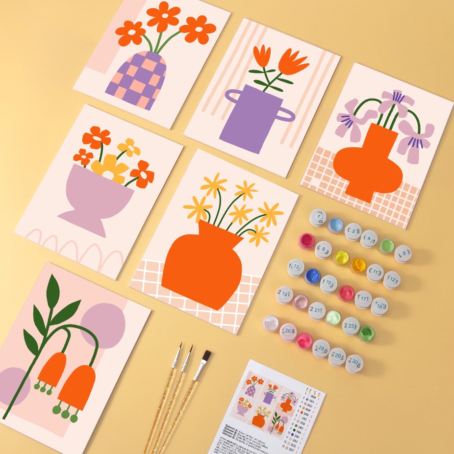 6 Mini-Gemälde auf Holzplatte – Vase voller Blüten Set