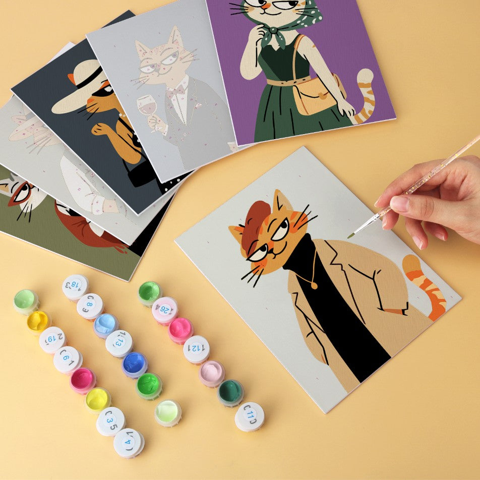 6 Mini-Gemälde auf Holzplatte – Modische Katzen Set