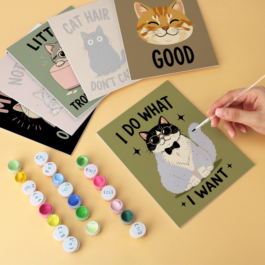 6 Mini-Gemälde auf Holzplatte – Freche Katzen Set