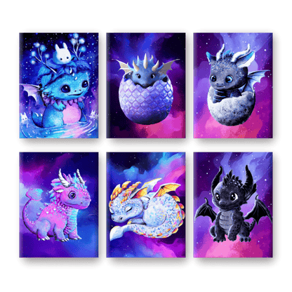 Malen nach Zahlen - 6 Mini-Gemälde | Little Dragons Set - by Tiny Tami