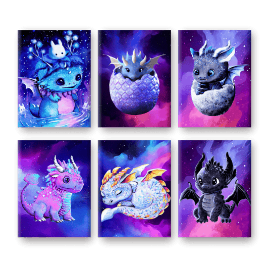 Malen nach Zahlen - 6 Mini-Gemälde | Little Dragons Set - by Tiny Tami