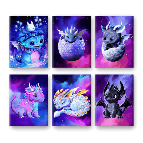 Malen nach Zahlen - 6 Mini-Gemälde | Little Dragons Set - by Tiny Tami
