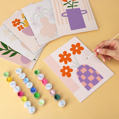 6 Mini-Gemälde auf Holzplatte – Vase voller Blüten Set