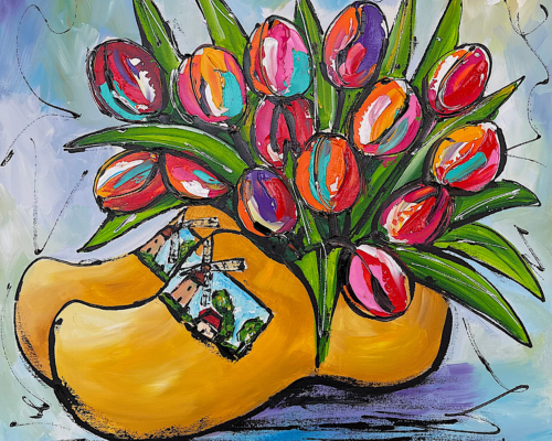 Malen nach Zahlen - Fröhliche Malerei - Tulpen in Holzschuhen