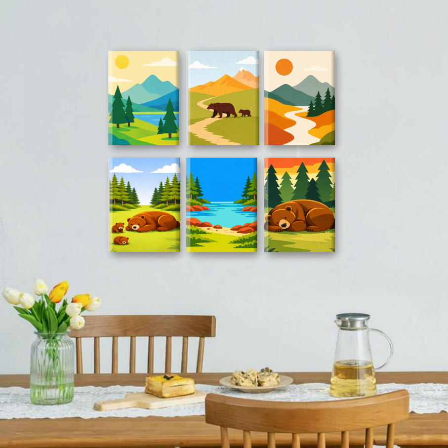 6 Mini-Gemälde | Bären & Landschaften Set