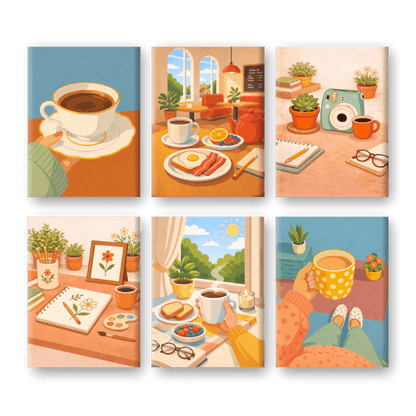 6 Mini-Gemälde | Kaffeerituale Set-Malen nach zahlen