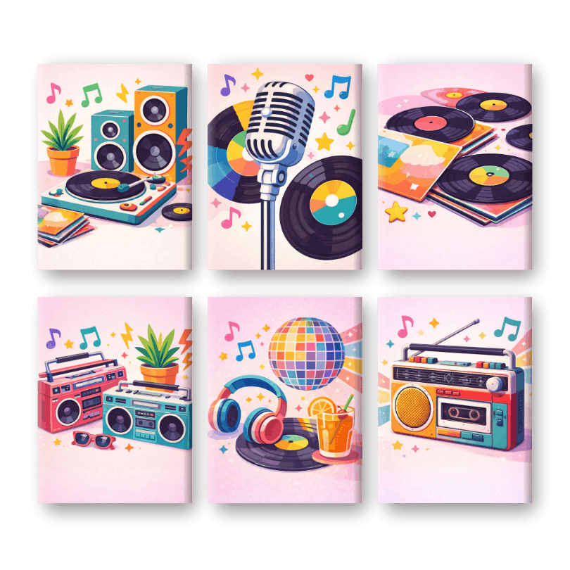6 Mini-Gemälde | Farbenfrohes Musik Set-Malen nach zahlen
