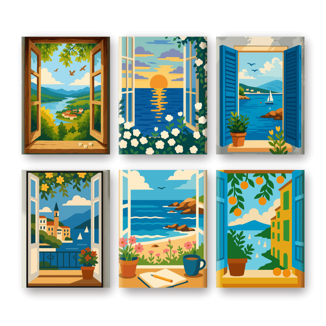 6 Mini Gemälde | Bunte Fenster Set