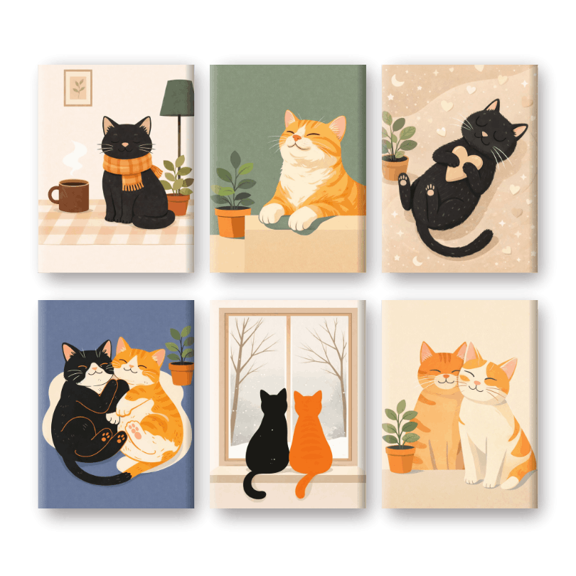 6 Mini-Gemälde | Süßes Hauskatzen Set-Malen nach zahlen