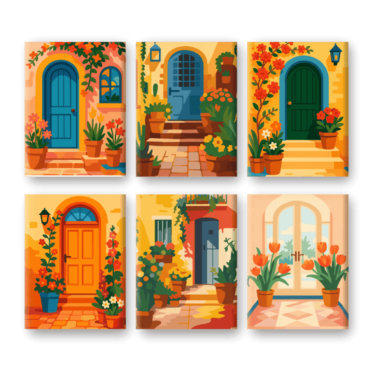 6 Mini-Gemälde | Blumen und Türen Set-Malen nach zahlen