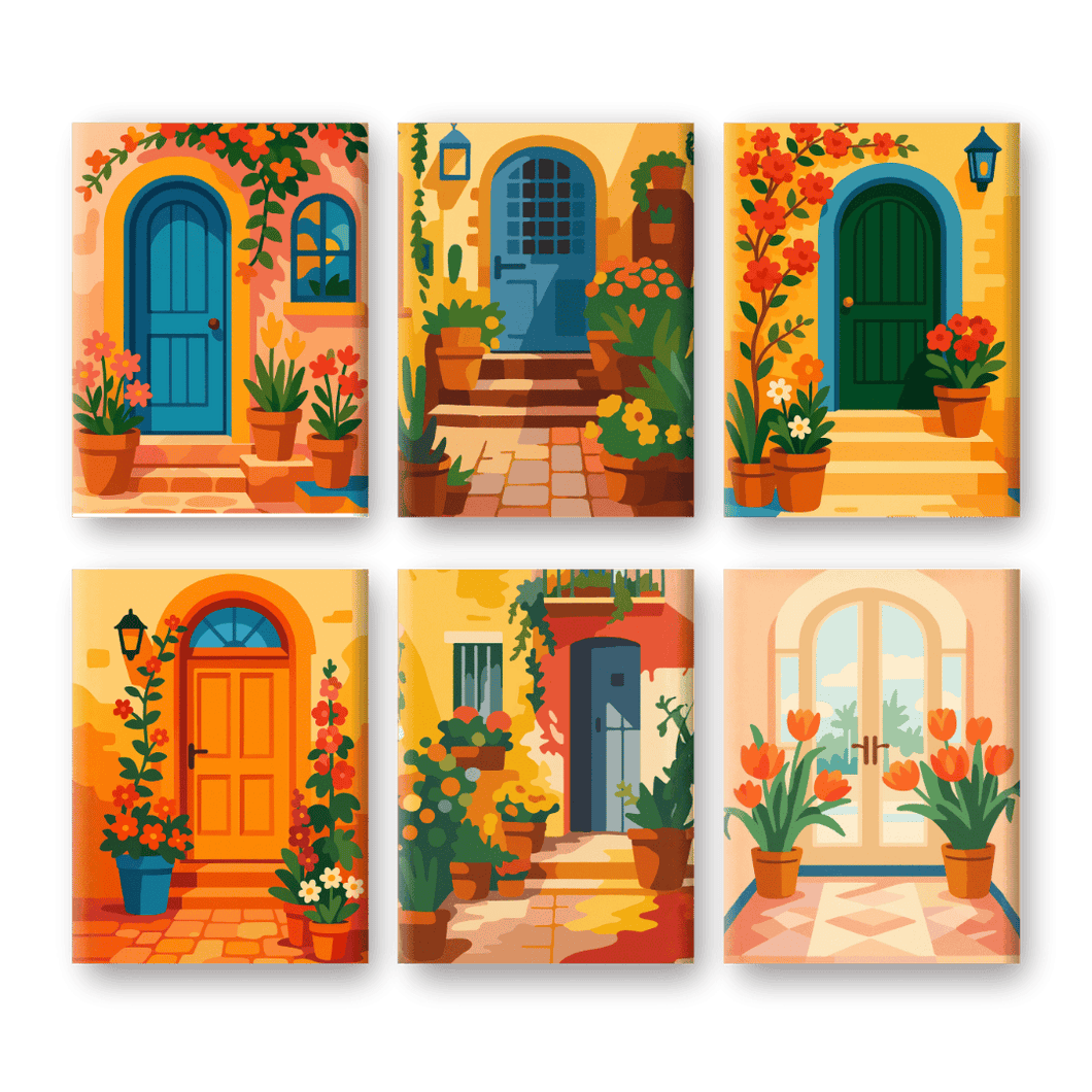 6 Mini Gemälde | Blumen und Türen Set