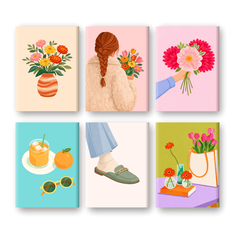 6 Mini-Gemälde | Blumen & Mode Set-Malen nach zahlen