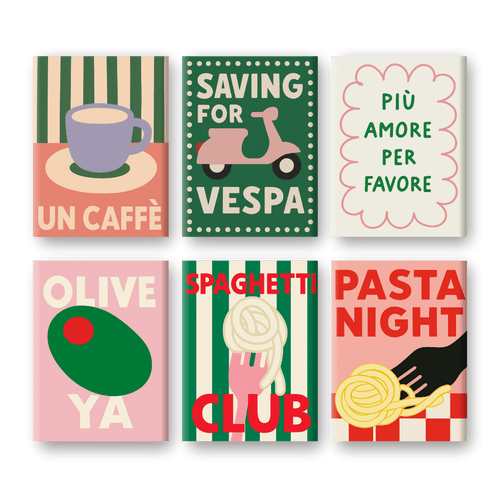 6 Mini-Gemälde | Italienisches Pasta & Kaffee-Set