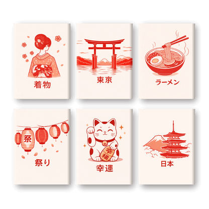 6 Mini-Gemälde | Japanisches Poster Set-Malen nach zahlen