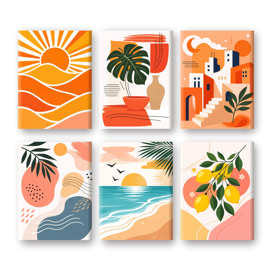 6 Mini-Gemälde | Mediterraner Sonnenuntergang Set - Malen nach Zahlen