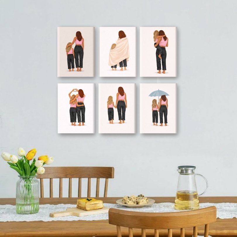6 Mini-Gemälde | Mutter & Tochter Liebe Set