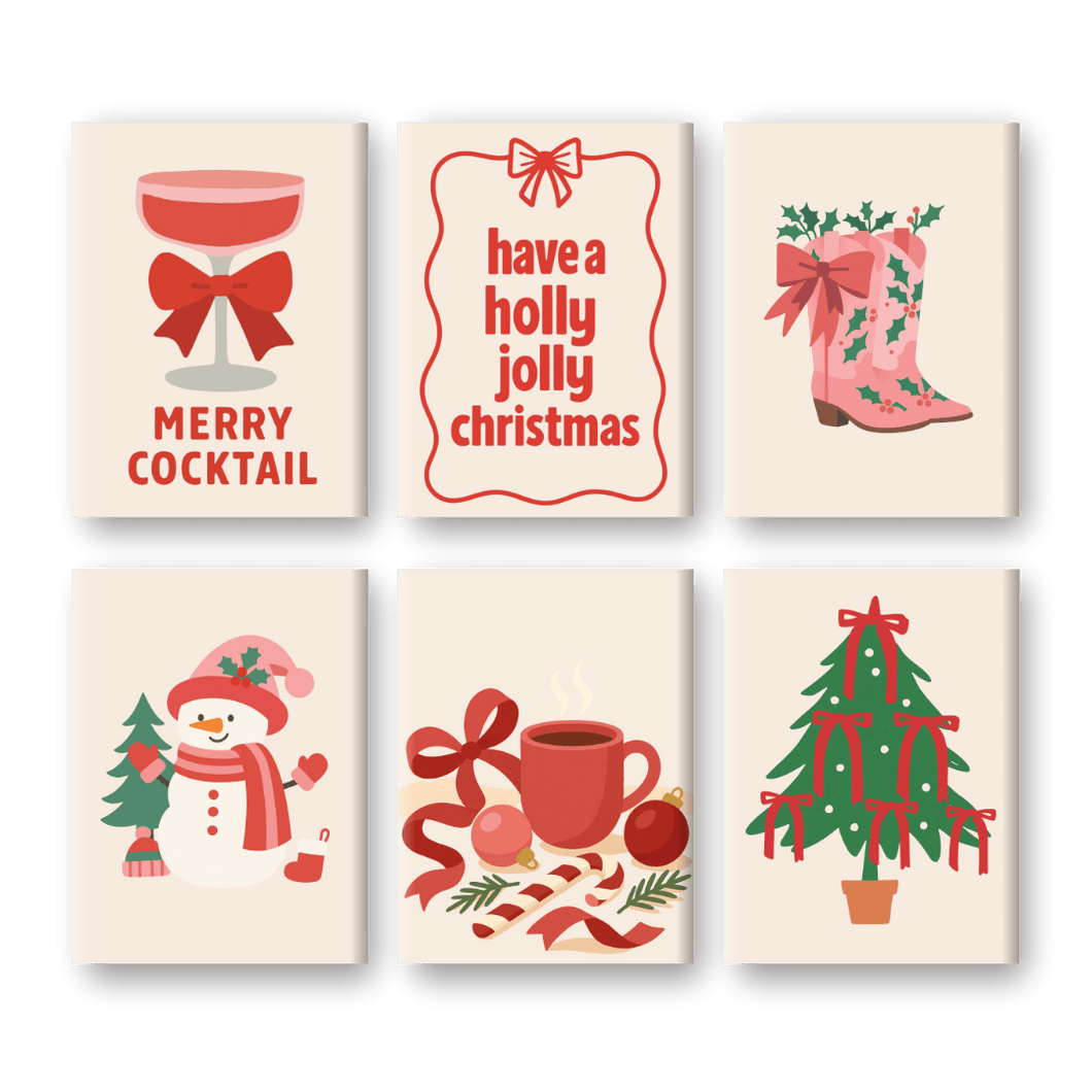 6 Mini Gemälde | Rotes und Rosafarbenes Weihnachts Set
