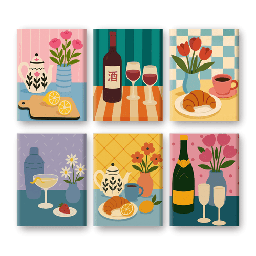 6 Mini-Gemälde | Vintage Küchen Set