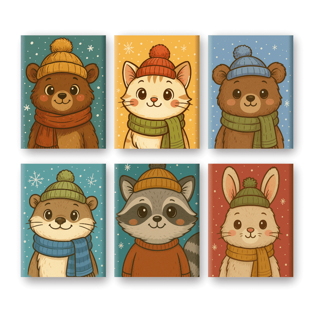 6 Mini Gemälde | Wintertiere Set