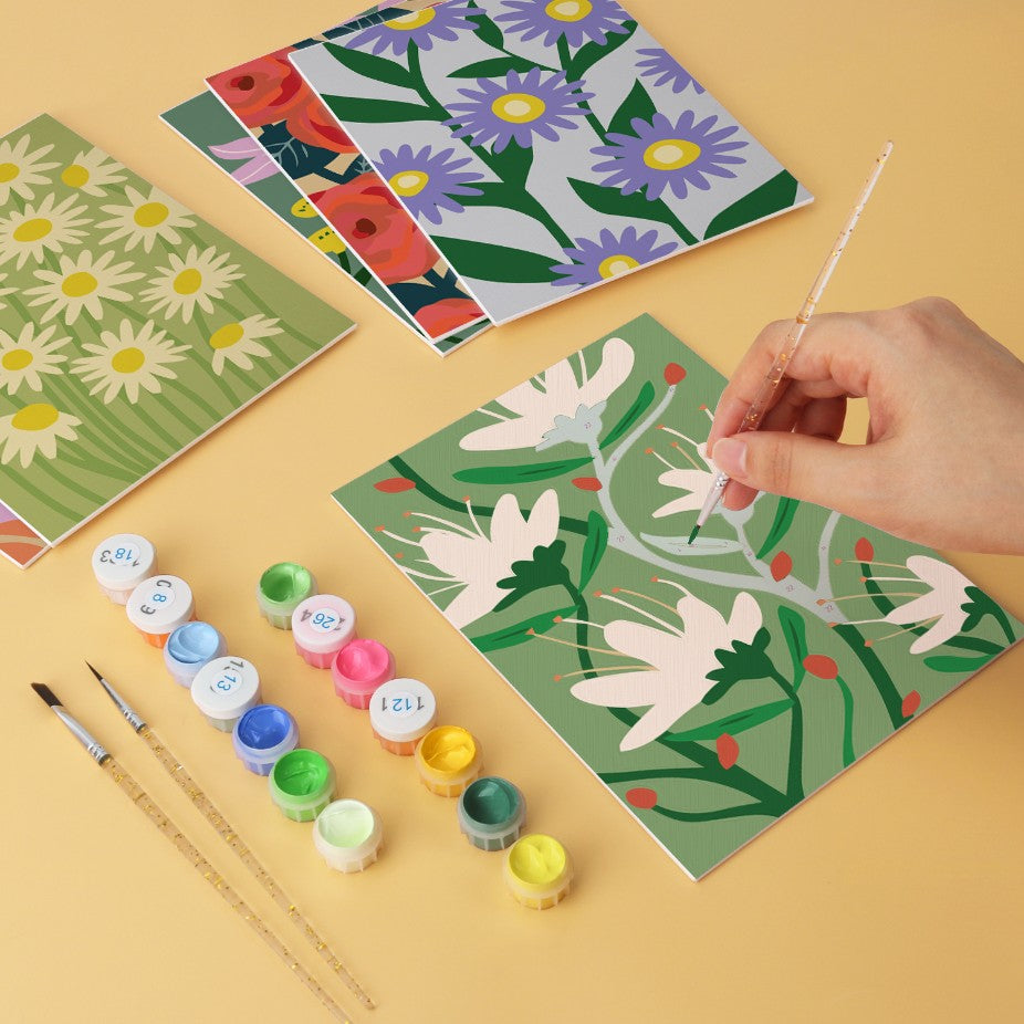 6 Mini-Gemälde auf Holzplatte – Kräftige Blüten Set
