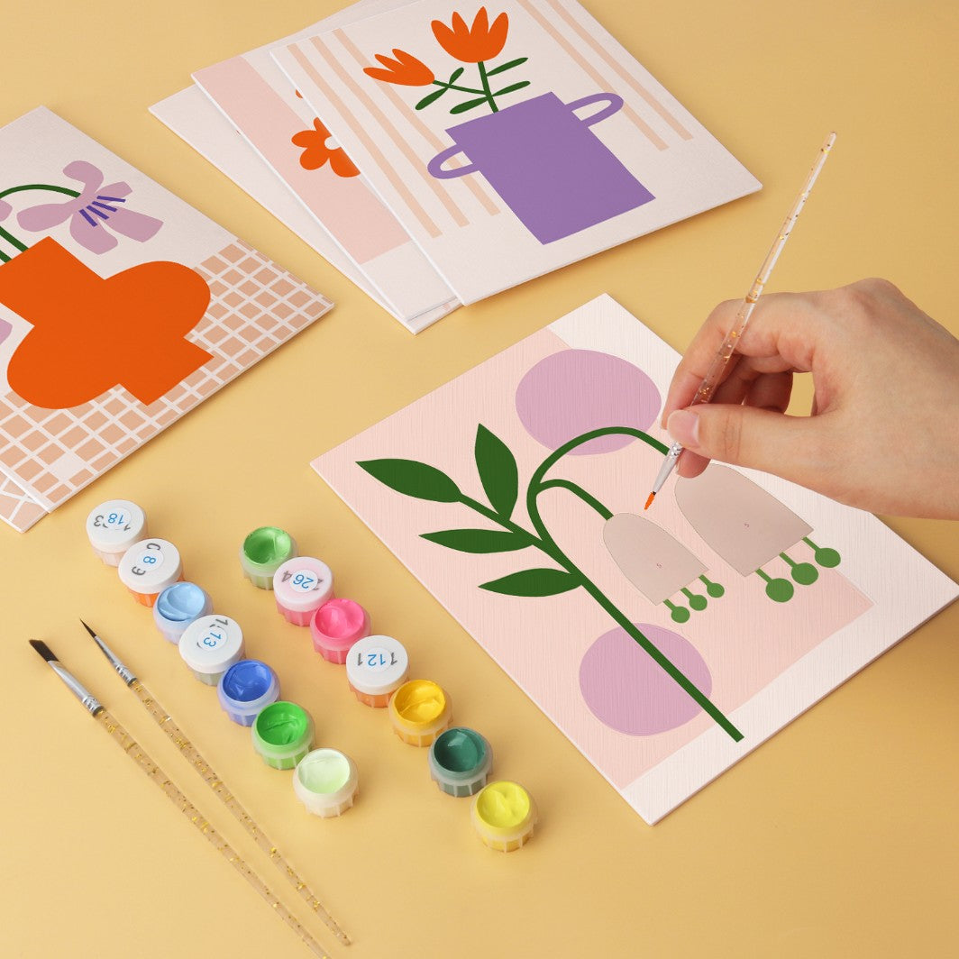 6 Mini-Gemälde auf Holzplatte – Vase voller Blüten Set