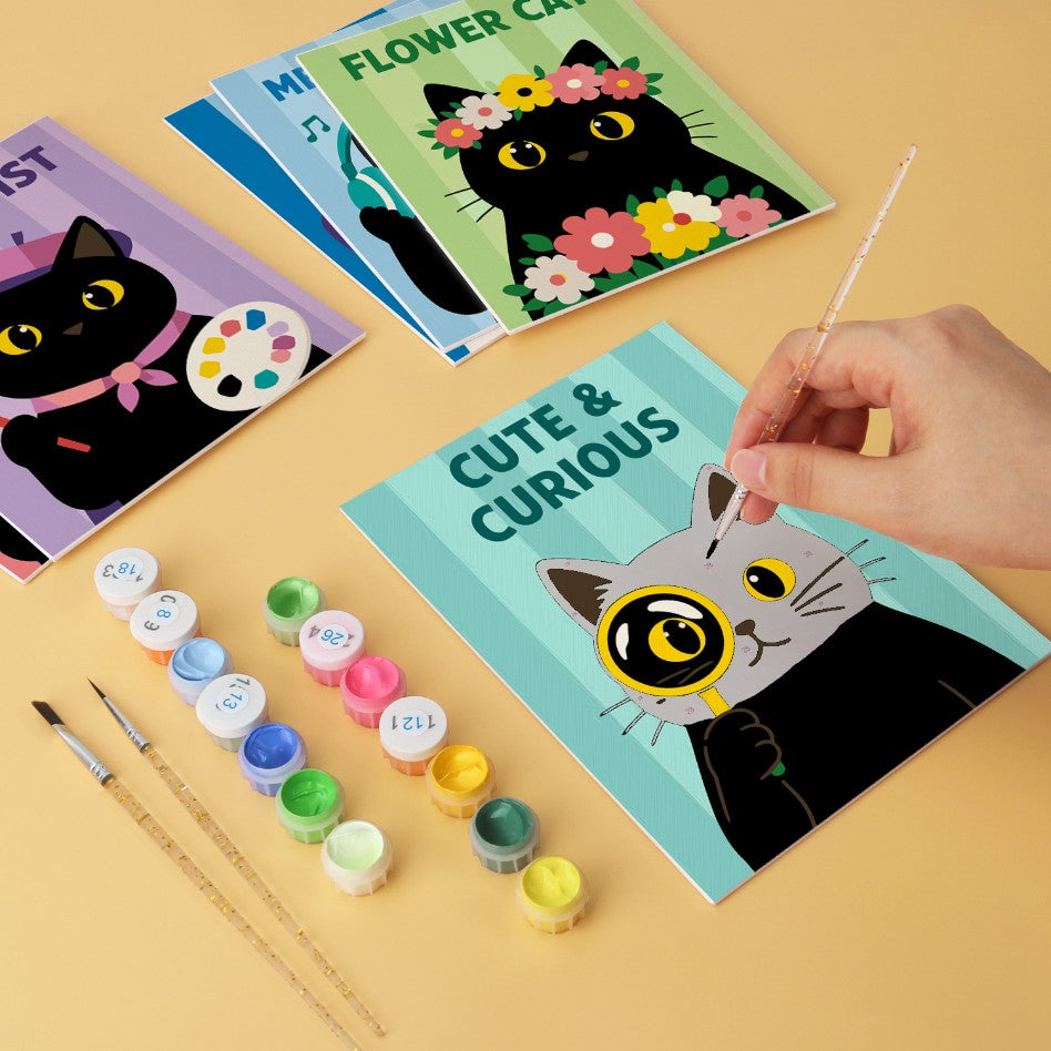 6 Mini-Gemälde auf Holzplatte – Katze für alle Fälle Set