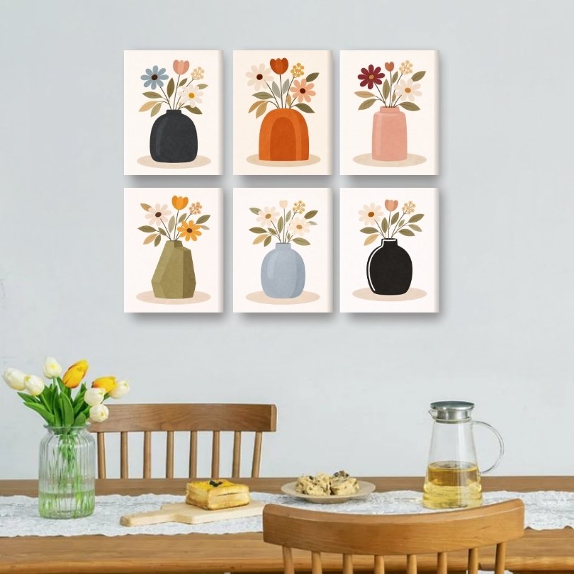 6 Mini-Gemälde | Bunte Blumenvasen Set