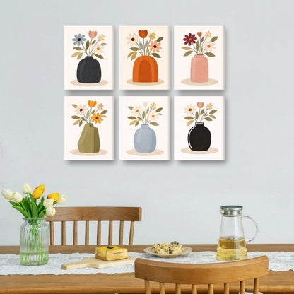 6 Mini-Gemälde | Bunte Blumenvasen Set