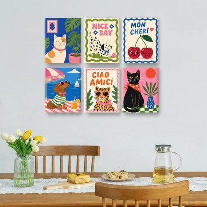 6 Mini-Gemälde | Schicke Katzen & Hunde Set