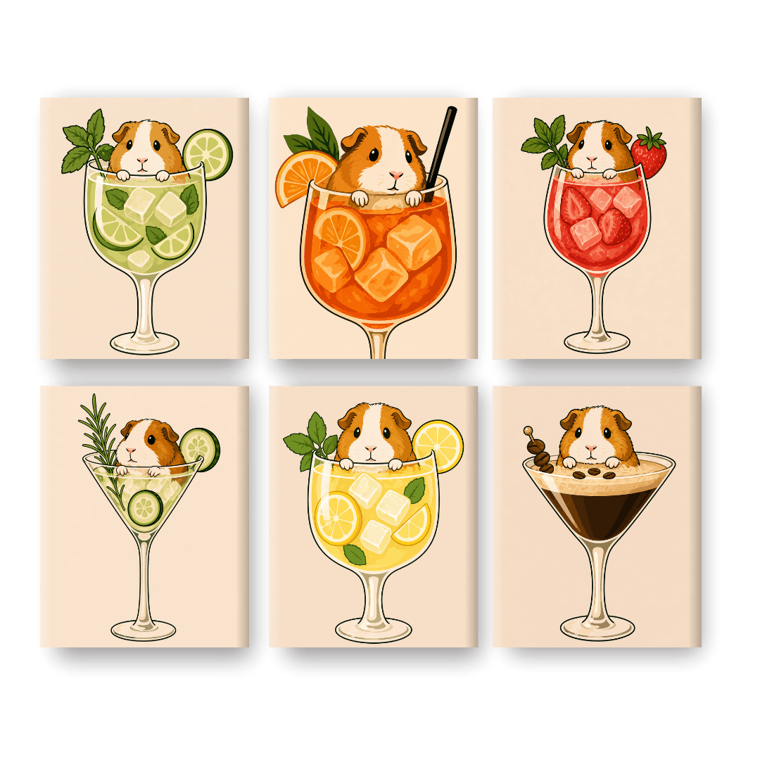 6 Mini-Gemälde | Meerschweinchen in Cocktails Set - Malen nach Zahlen