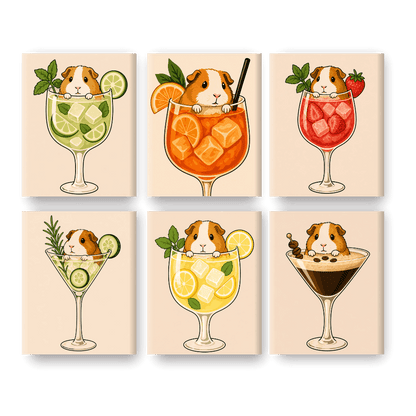 6 Mini-Gemälde | Meerschweinchen in Cocktails Set - Malen nach Zahlen