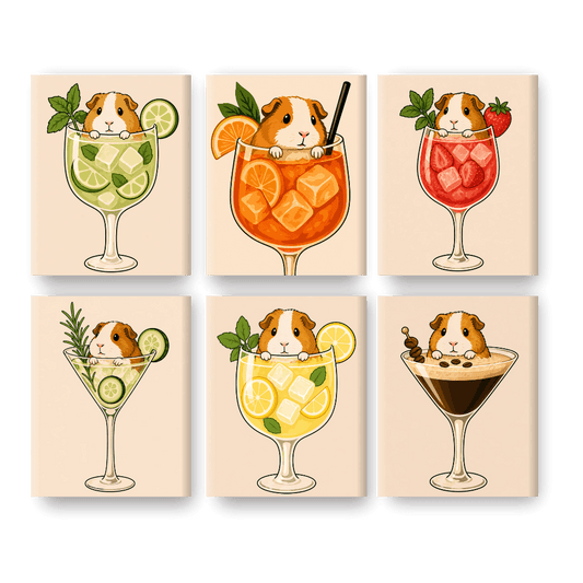 6 Mini-Gemälde | Meerschweinchen in Cocktails Set - Malen nach Zahlen
