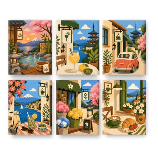 6 Mini-Gemälde | Japanische Cafés Set - Malen nach Zahlen