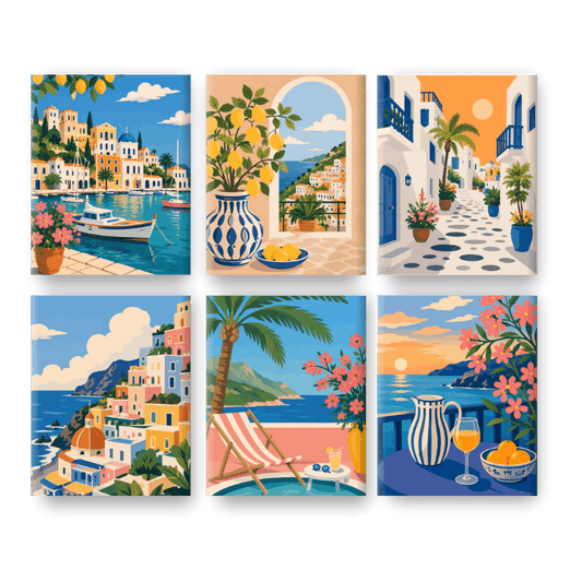 6 Mini-Gemälde | Mediterraner Traum Set - Malen nach Zahlen
