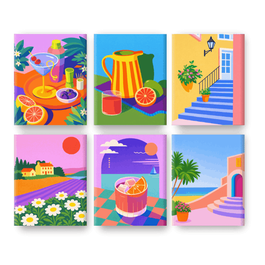 6 Mini-Gemälde | Farbenfroher Sommer Set - Malen nach Zahlen